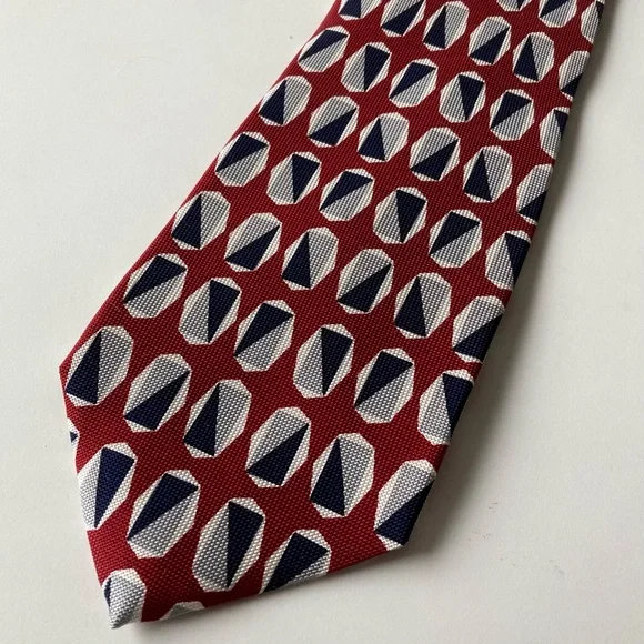 Hickey Freeman Italian Silk Necktie Tie Red Black Gray Geometric Pattern 56x3.75 - Picture 2 of 7
